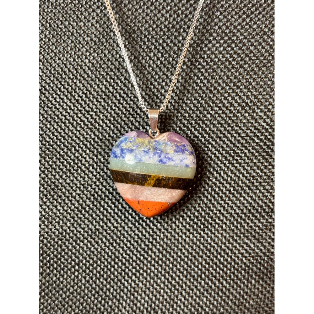 Chakra Heart Pendant Necklace Stainless Steel Box Chain Multi Gemstone Layered